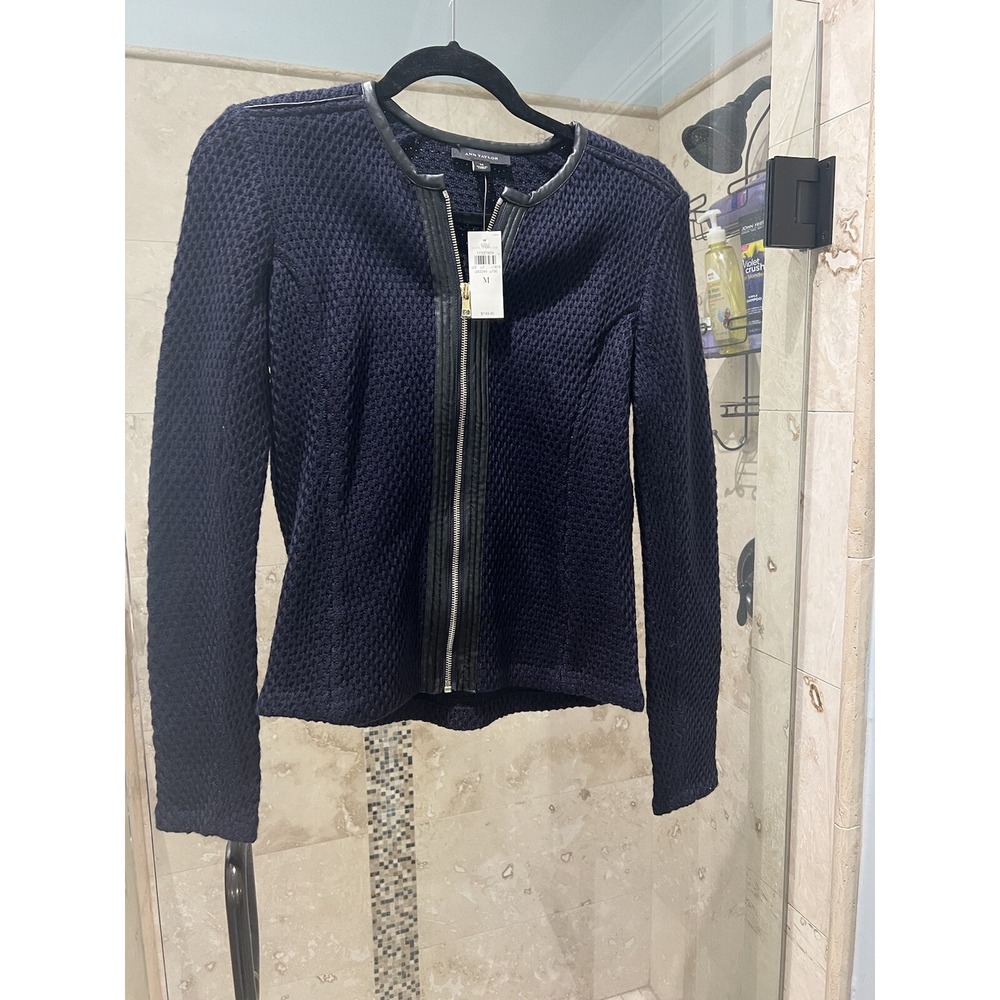 Nwt Ann Taylor Navy Blue WOOL BLEND Zip Up Moc LEATHER Sweater Jacket M $149